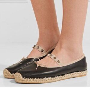 Valentino Garavani Black rockstud leather ballerina flat espadrilles 39 or 9 usa